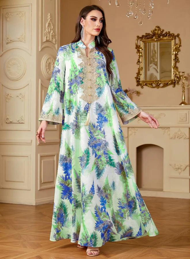 Take Two Women Leaf Print Embroidered Patch Jalabiya